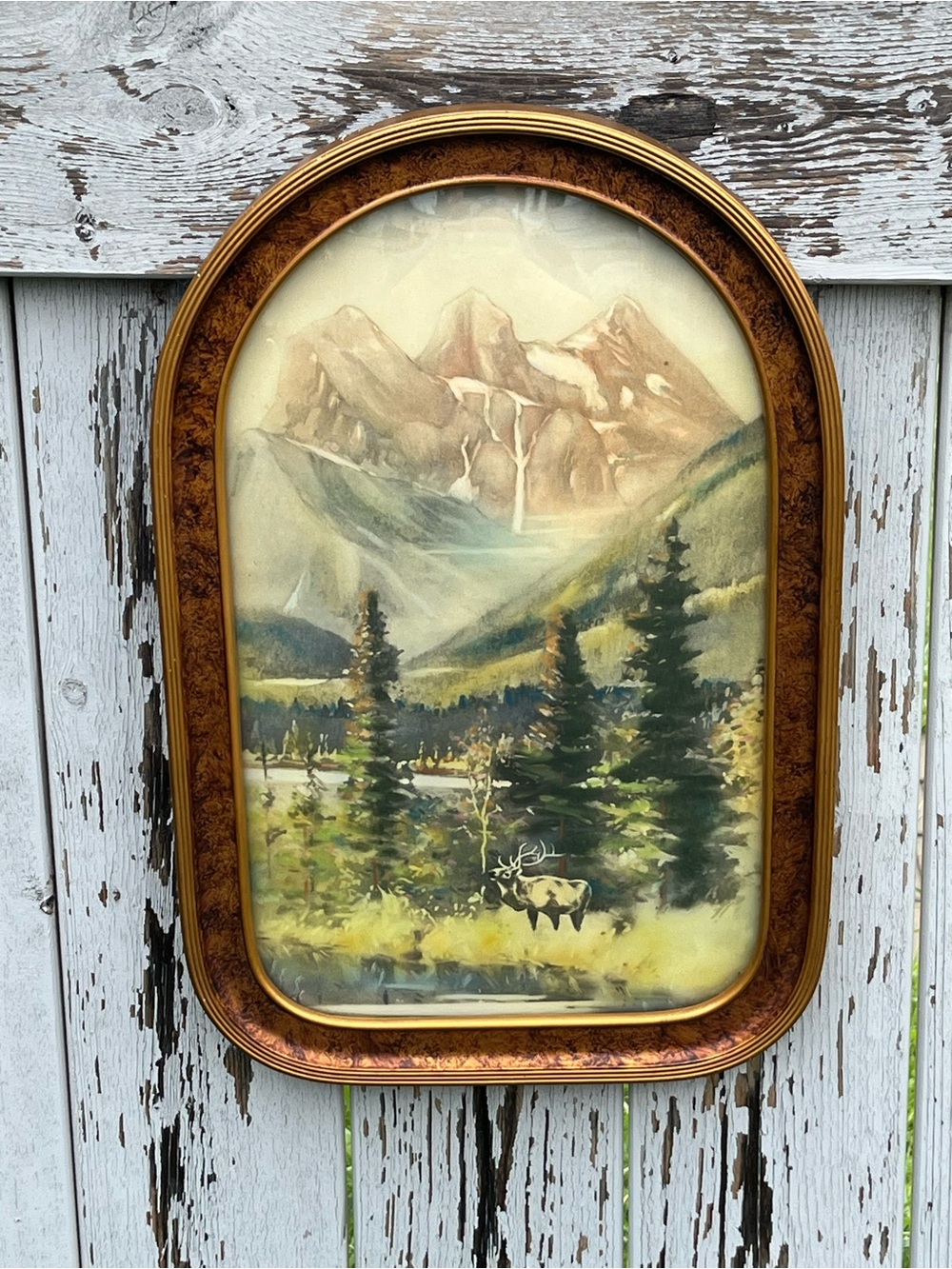 Vintage Cathedral Frame Mountain Landscape Elk Wall Art